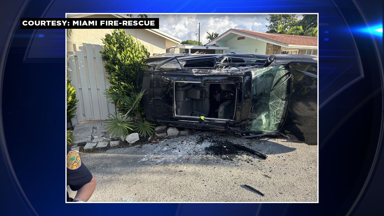 Miami woman hospitalized after car flips into home during crash — WSVN 7 Miami-Dade